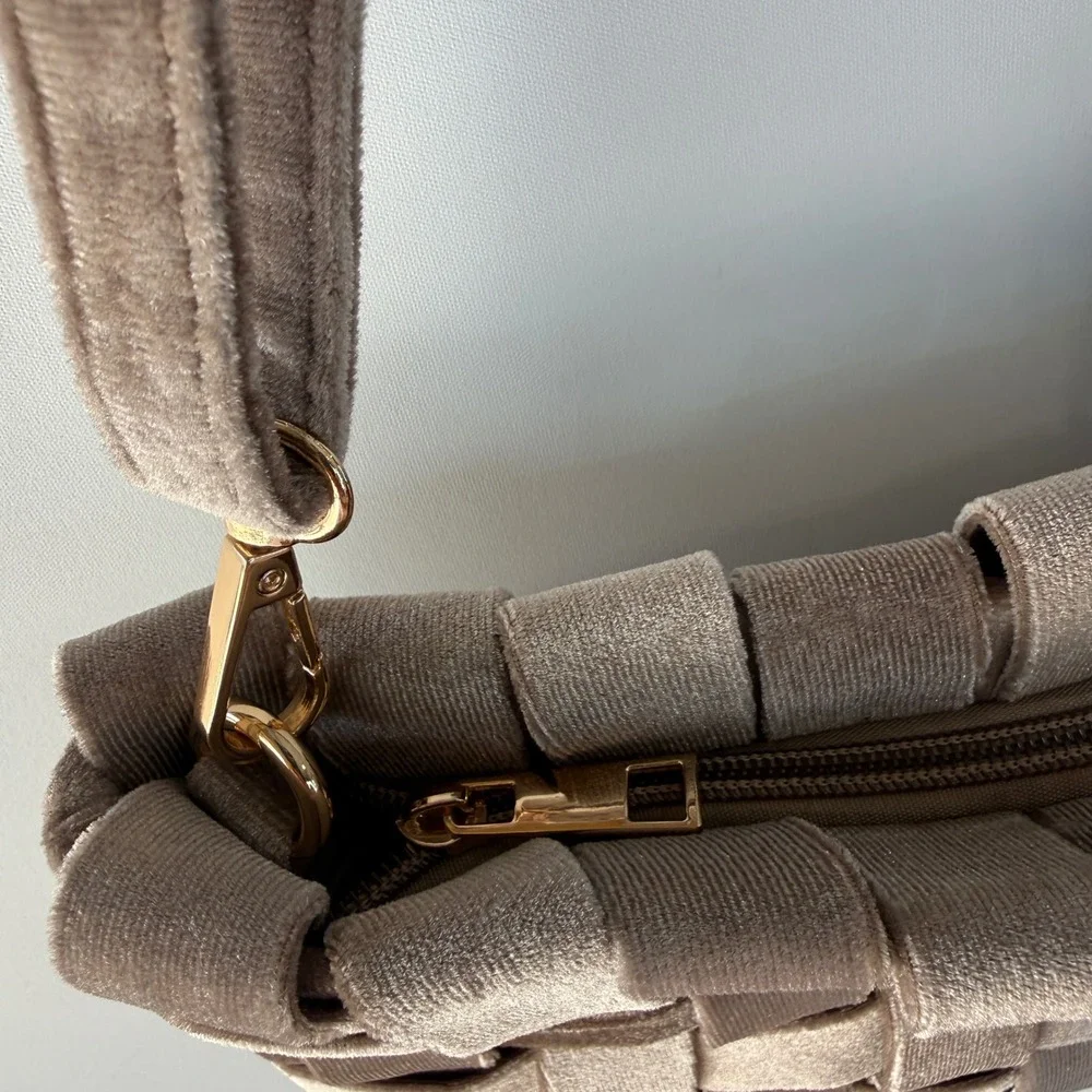 Anthropologie Lindy Woven Clutch Women Taupe Bronze Velvet Crossbody Bag Party